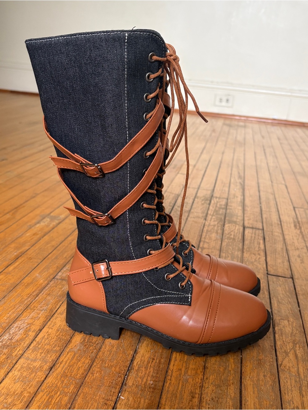 Lace-Up Mid-Calf Tall Combat Boots in Brown Faux Leather and Blue Denim Size 6.5